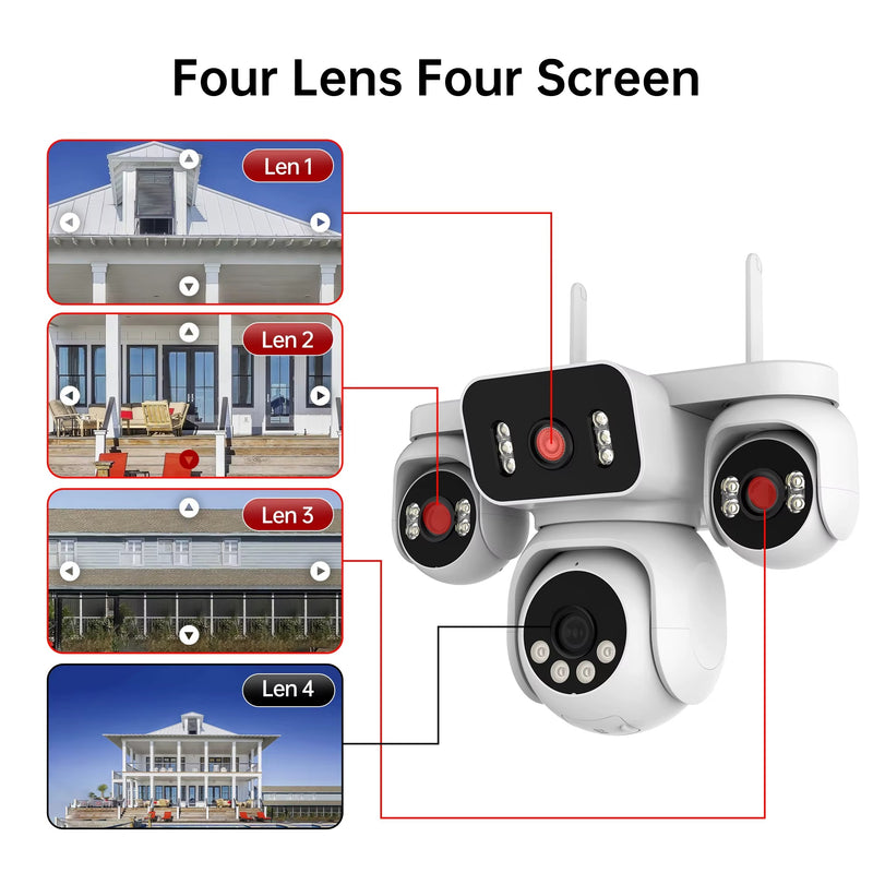 10K 20MP WiFi Security Camera 4 Lens 4 Screen 360° PTZ 16X Zoom Waterproof Home Surveillance CCTV Outdoor Street Video Camera